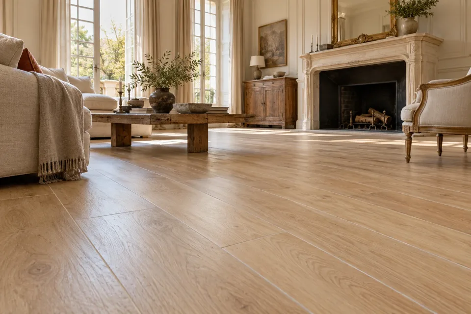 Carrelage imitation parquet dans une pièce de vie — illustration